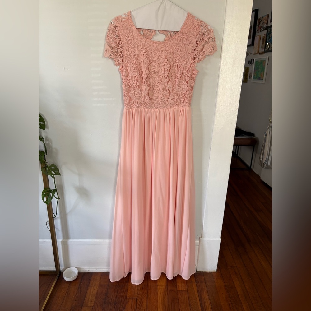 Lulus lacy, backless bridesmaid dress